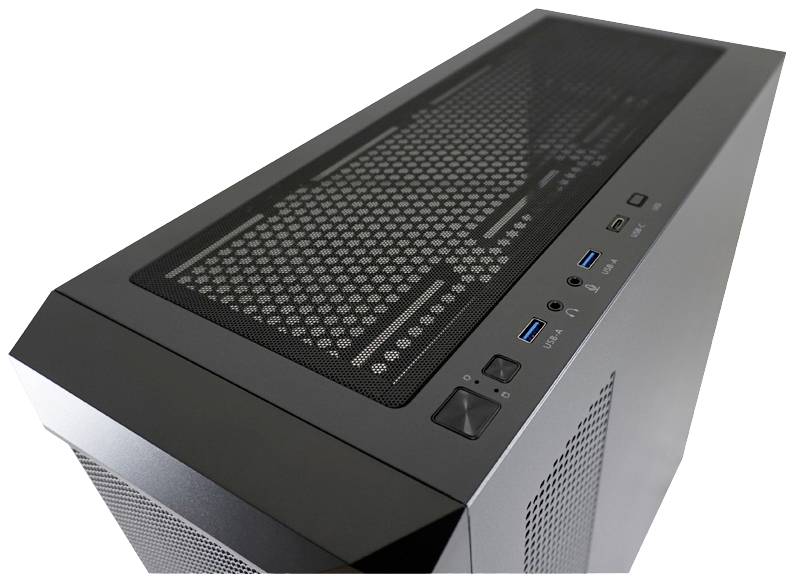 Čierna počítačová skrinka s pohľadom na hornú krytku a predné konektory vrátane USB a audio portov.