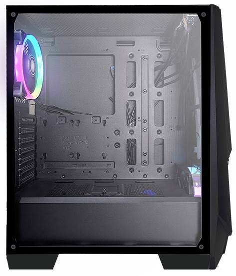 Kryt stolného počítača s priehľadným bočným panelom, viditeľným ventilátorom s RGB podsvietením.