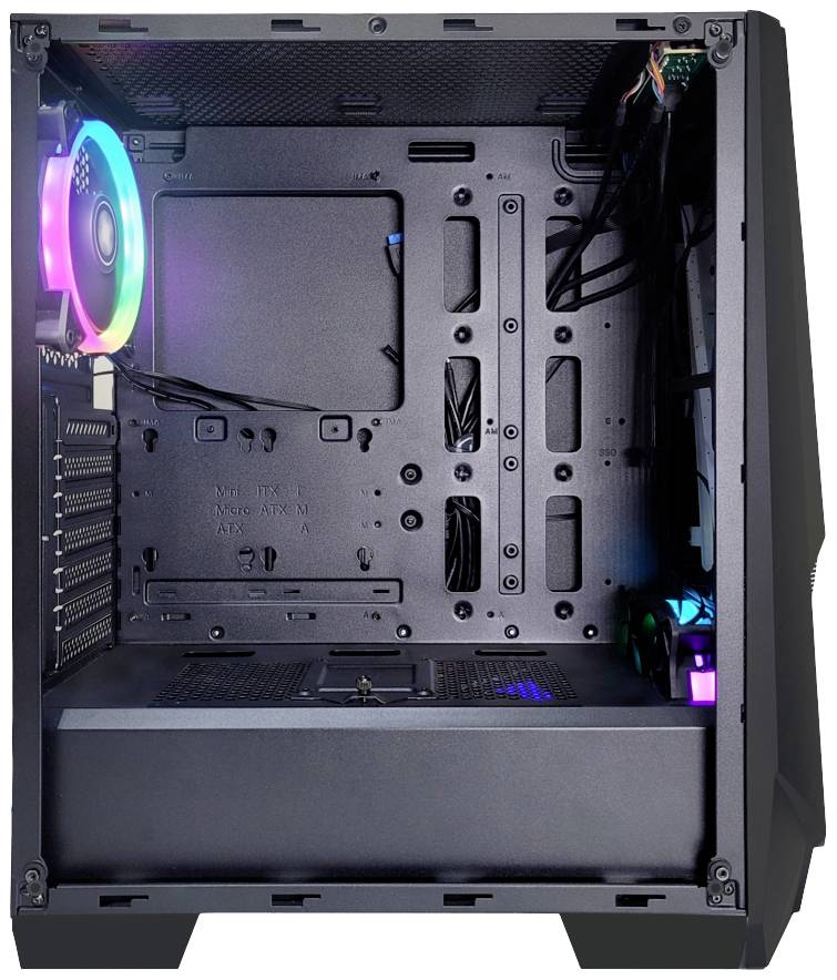 Prázdny počítačový kryt s bočným prehľadným oknom. Vnútri sú viditeľné ventilátory s RGB podsvietením a priestor pre komponenty.
