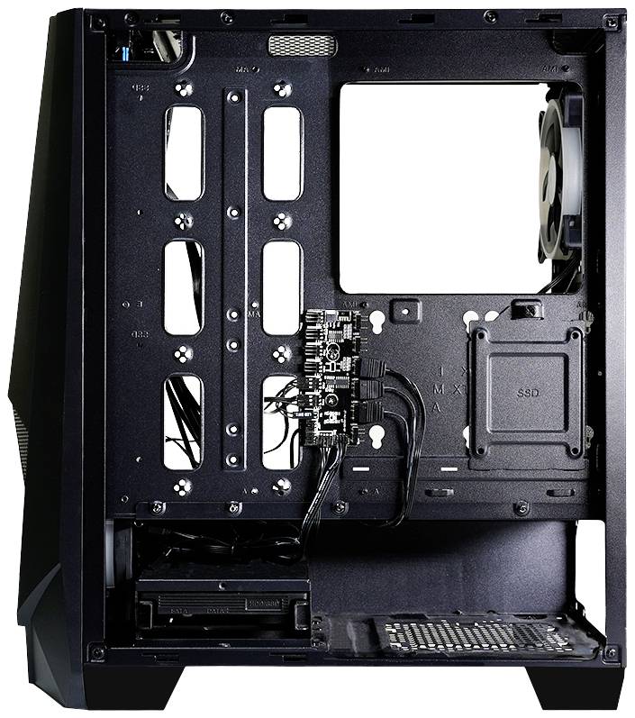 Otvorená PC skrinka bez komponentov, zobrazujúca viaceré miesta pre ventilátory, vedenie káblov a montážne priestory pre pevné disky a SSD disky.