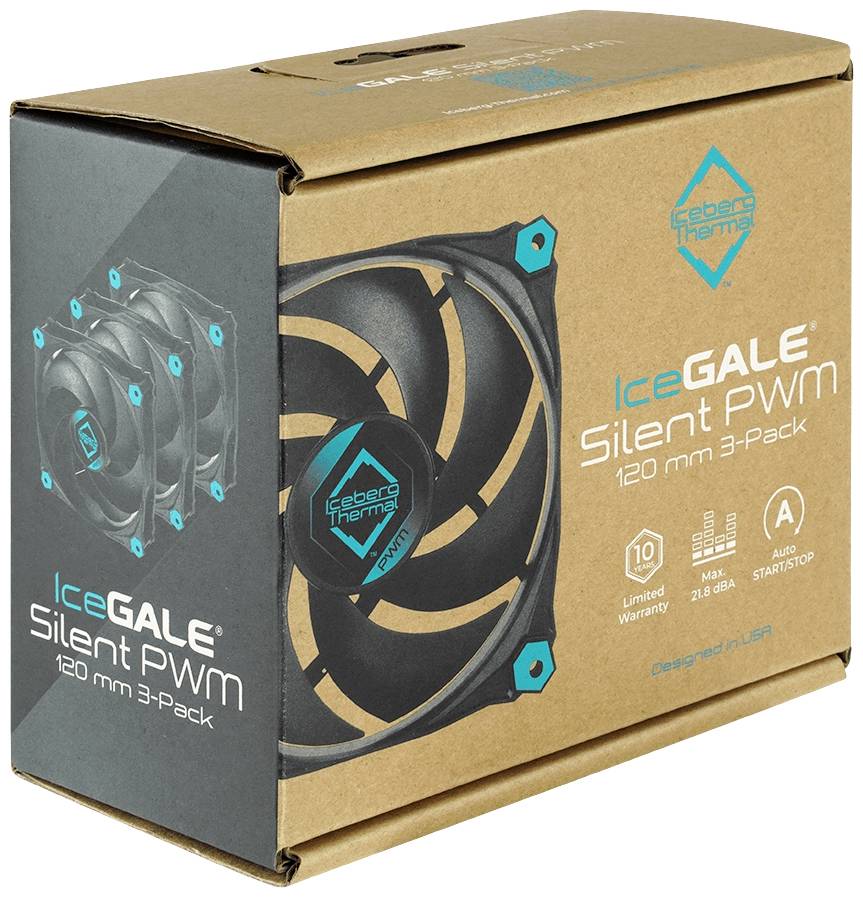 Dizajn obalu pre chladiče PC 'IceGALE Silent PWM 120 mm 3-Pack'. Obsahuje tri ventilátory; propagácia tichého chodu a 10-ročnej záruky.