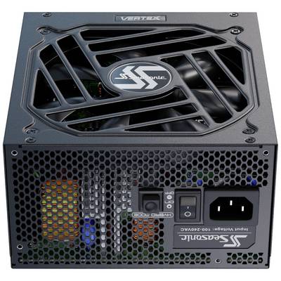 Sieťový zdroj od Seasonic, model Vertex. Zobrazuje ventilátor na vrchu a niekoľko konektorov na zadnej strane pre napájanie a ovládanie.