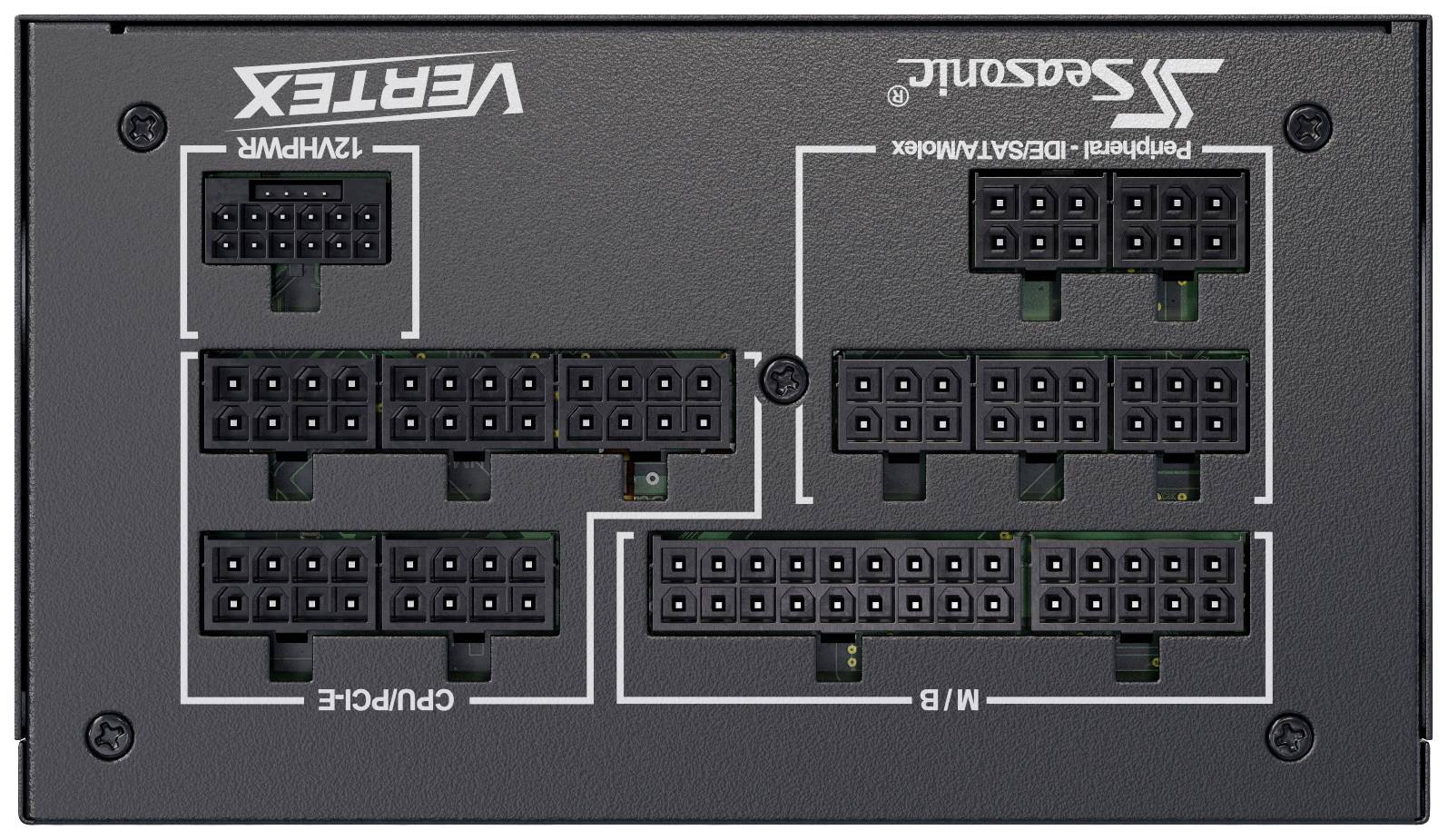'Pole pripojenia napájacieho zdroja s popiskami pre CPU/PCI-E, M/B, periférie/IDE/SATA/Molex, 12VHPWR. Znázorňuje usporiadanie konektorov.'