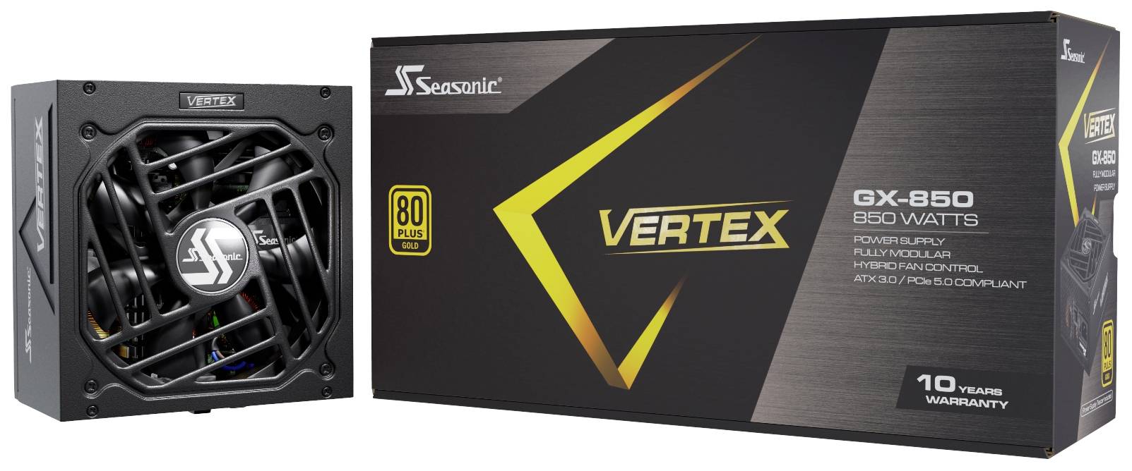 Sieťový zdroj od Seasonic, model 'Vertex GX-850', 850 Wattov, certifikácia 80 Plus Gold, 10 rokov záruky, čierny s obalom.