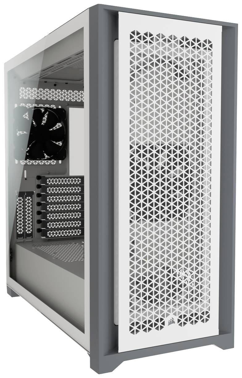 Počítačová skrinka so skleneným bočným krytom, ktorý odhaľuje ventilátory a vnútorné komponenty. Bielo-sivý predný panel s geometrickým vzorom.