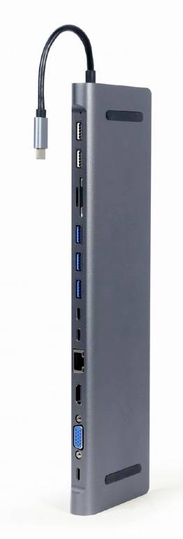 Dokovacia stanica pre laptop s USB-C pripojením, viacerými USB portami, čítačkou SD kariet, HDMI a VGA výstupmi, ako aj ethernetovým portom.