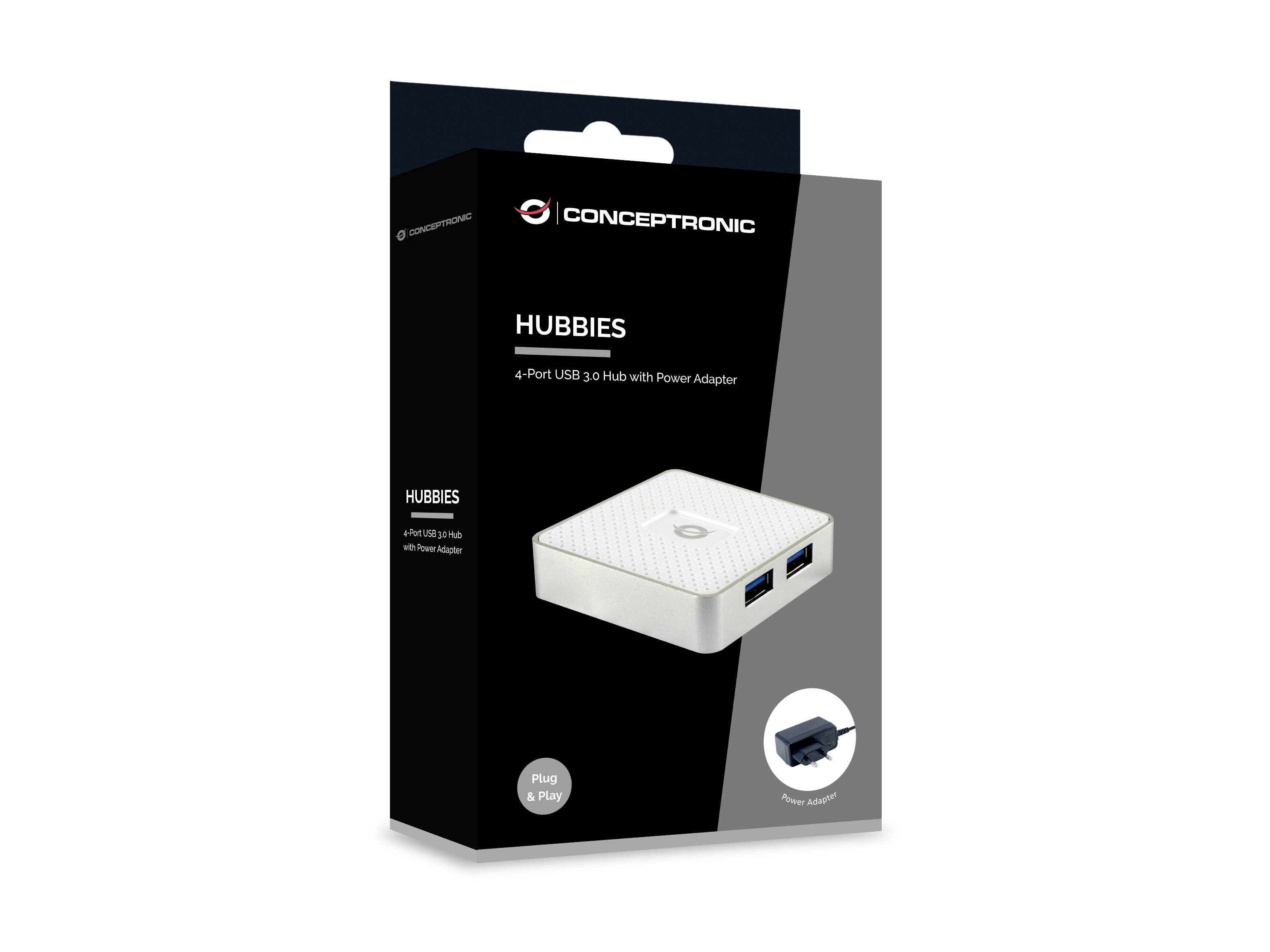 Balenie 4-portového USB 3.0 rozbočovača značky Conceptronic, so sieťovým adaptérom. Na obale je zobrazený obrázok produktu a firemné logo.