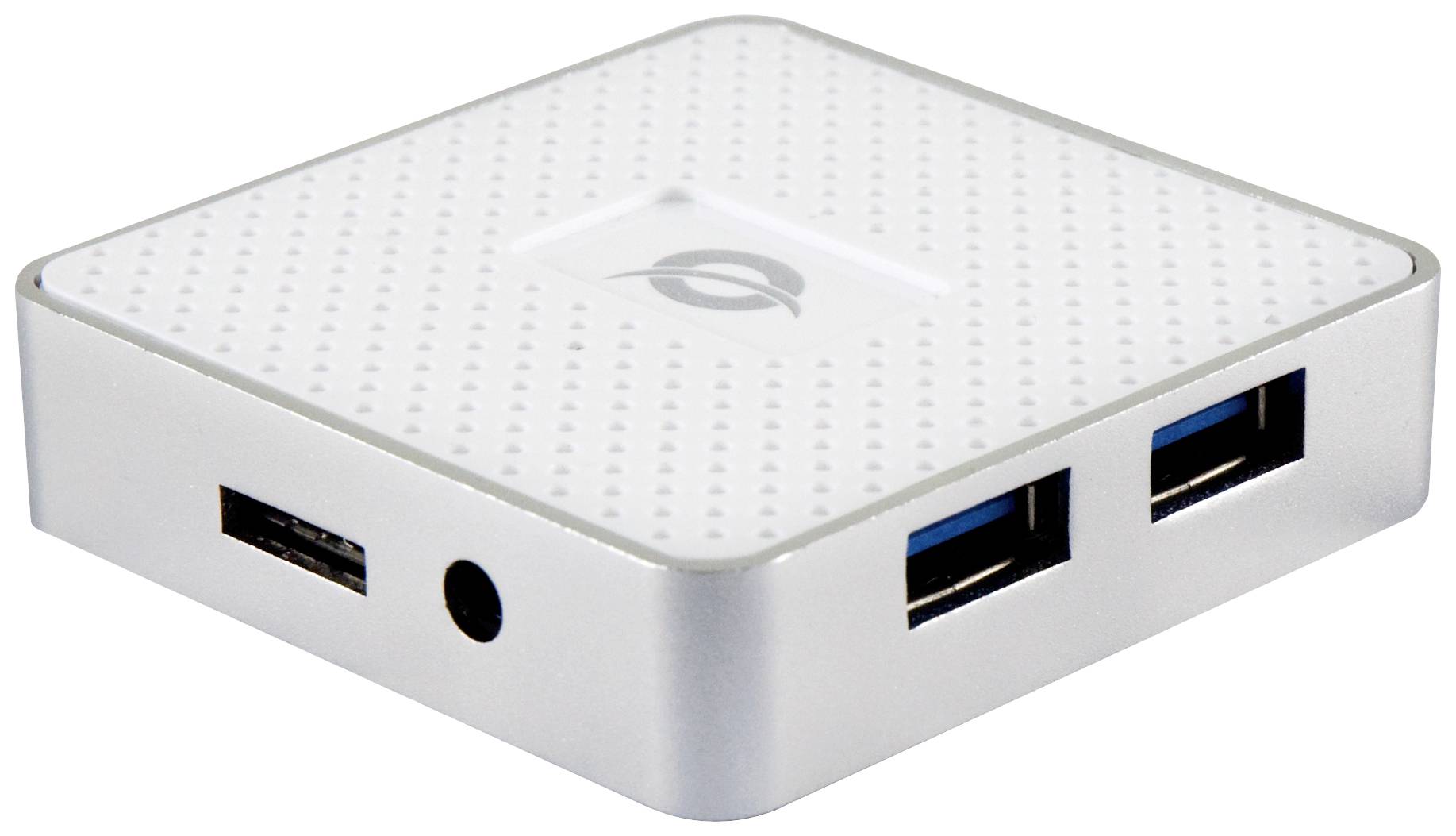Štvorcový biely USB hub so štyrmi portami na boku, vhodný pre pripojenie viacerých USB zariadení.
