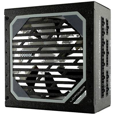 Čierna počítačová napájacia jednotka s mriežkou ventilátora a káblovými konektormi na boku.