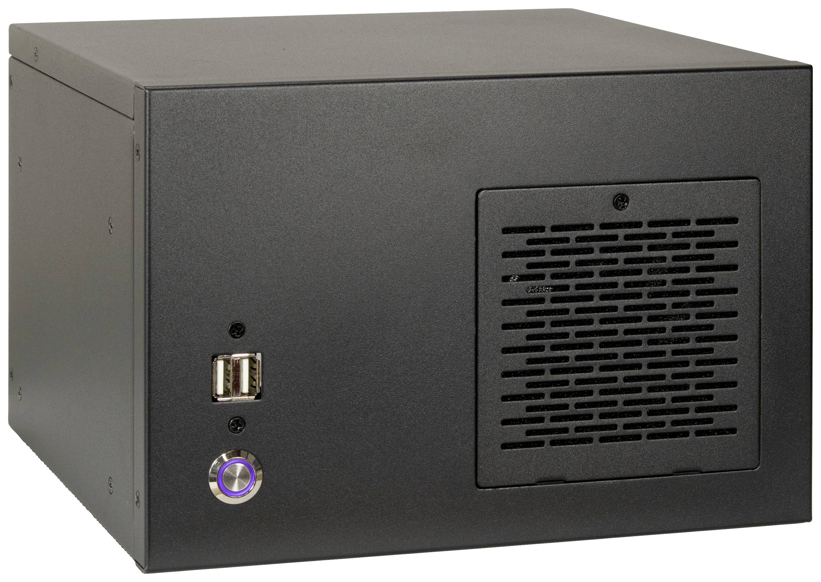 Čierna počítačová skrinka s dvoma USB portami a sieťovým spínačom na prednej strane.