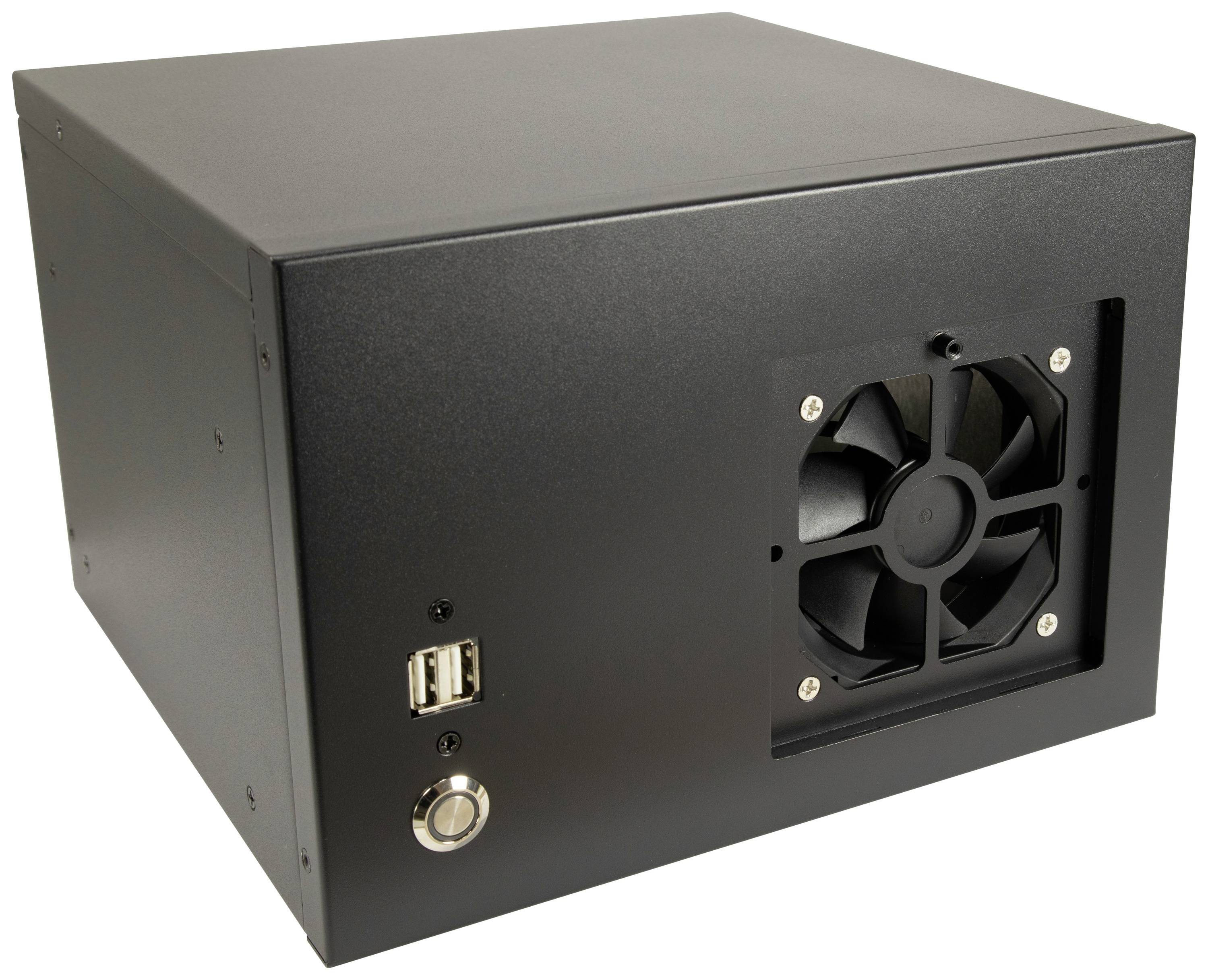 Čierna počítačová skríň so viditeľným ventilátorom a USB portami na prednej strane. Vhodná pre montáž hardvéru a chladenie.