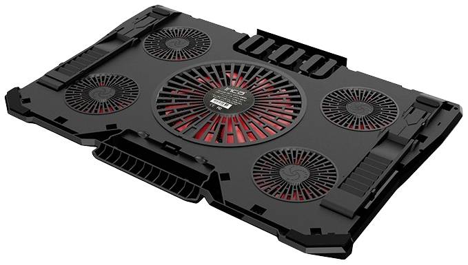 Chladiaca podložka pre notebook s piatimi ventilátormi a čiernym krytom. Ventilátory zvýraznené červenou farbou. Vyvinutá na odvádzanie tepla pre zlepšený výkon.