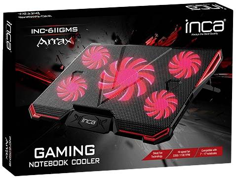 Čierna herná chladiaca plocha notebooku s piatimi jasne červenými ventilátormi. Obal zobrazuje technické detaily a logo značky.
