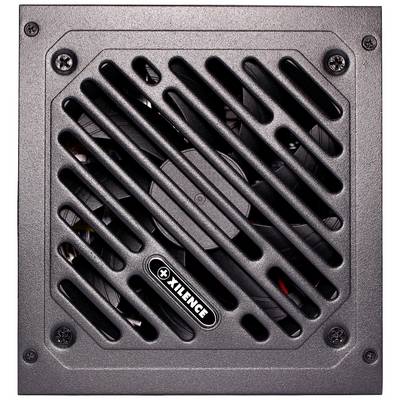 Čierne počítačové napájanie so vzduchovým otvorom ventilátora a logom značky Xilence uprostred.