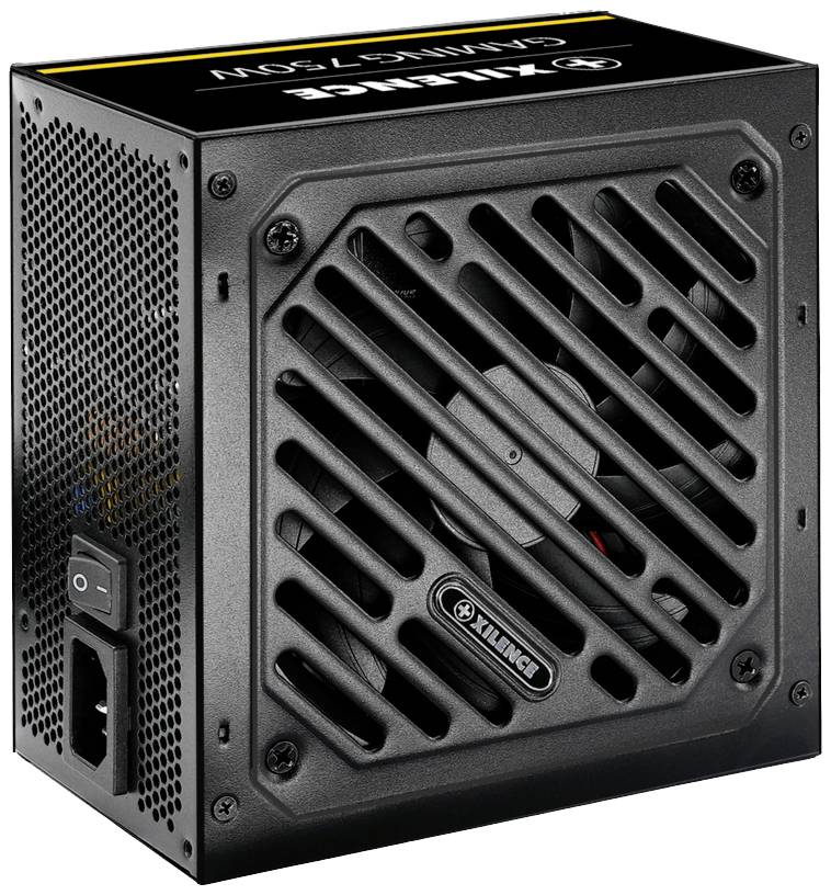 Čierna počítačová napájacia jednotka s vetracou mriežkou na prednej strane a prepínačom na zadnej strane. Model 'Xilence Gaming 750W'.