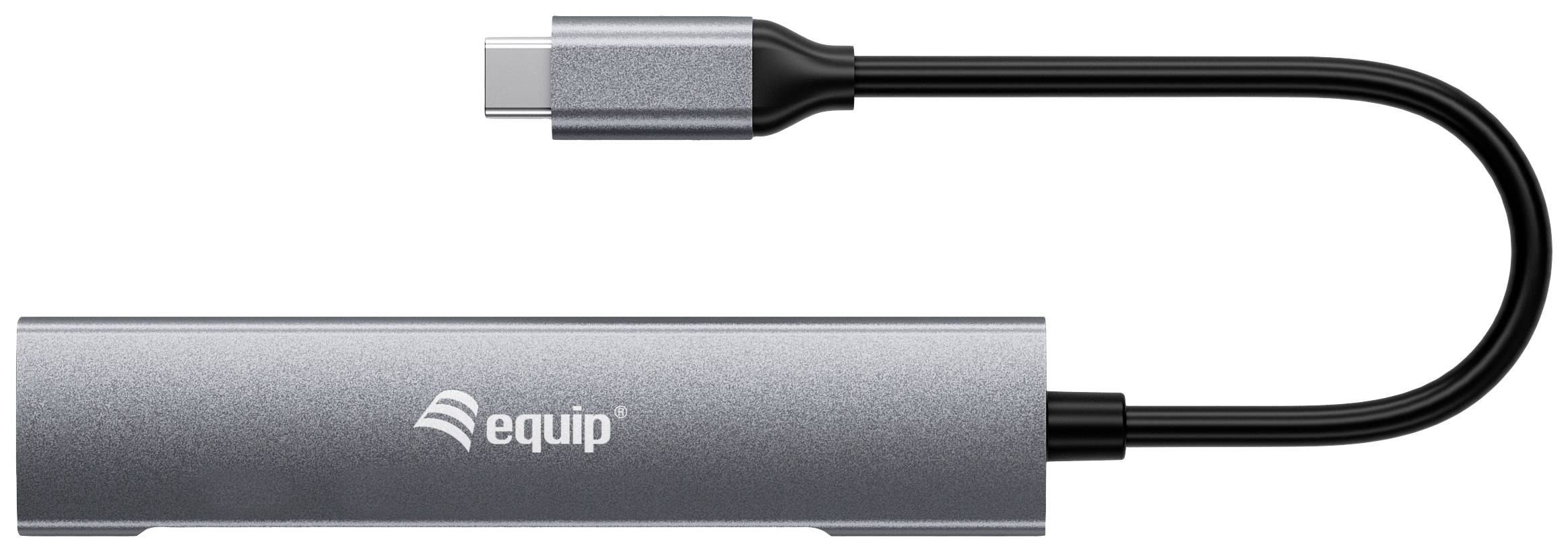 USB-C hub v striebornej farbe s čiernym káblom, s logom značky 'equip', umožňuje pripojenie viacerých zariadení k USB-C portu.