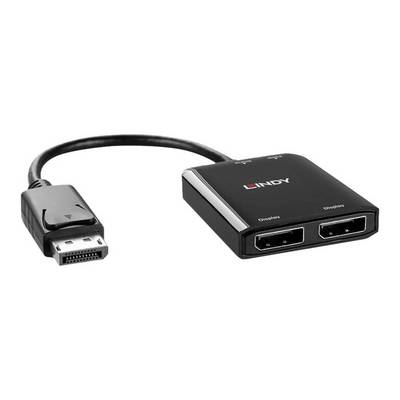 Čierny adaptér s DisplayPort konektorom a dvomi DisplayPort zásuvkami. Na kryte je uvedený značkový názov 'Lindy'.