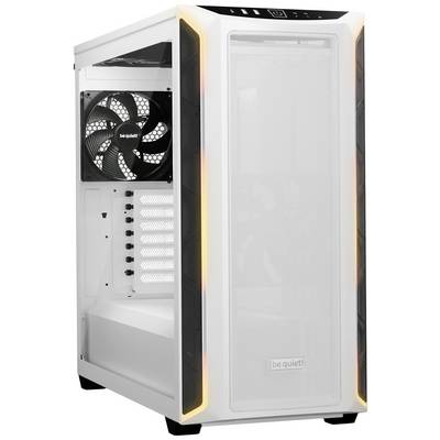 Biele počítačové púzdro so skleneným predným krytom a RGB podsvietením, zobrazujúce bočný ventilátor a niekoľko rozširovacích slotov vo vnútri.