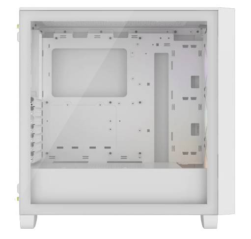 Počítačová skrinka s priehľadnou bočnou stenou, zobrazujúca vnútorný priestor pre hardvérové komponenty, poskytuje miesto pre základnú dosku a mechaniky.