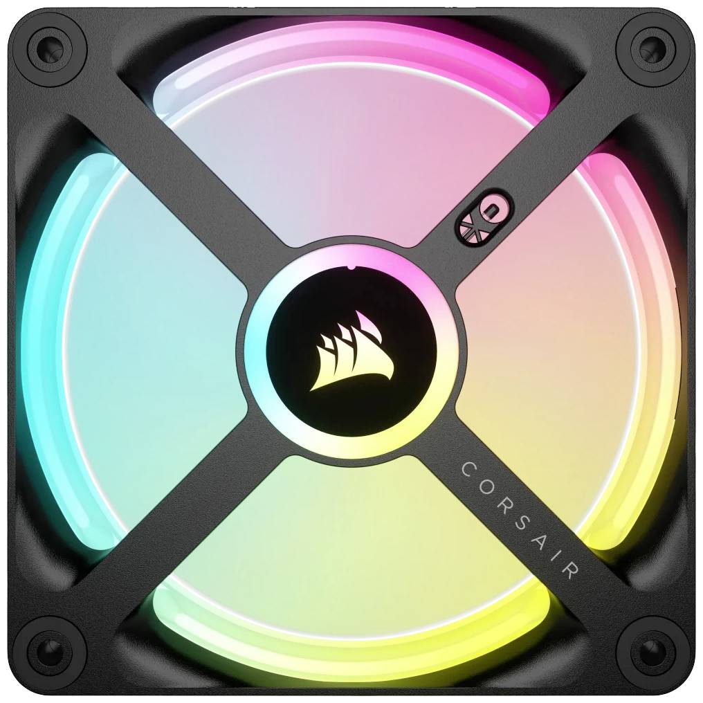 Štvorcový počítačový ventilátor s RGB podsvietením v zelenkavej, modrej, ružovej a žltej farbe. V strede logo, dole nápis 'Corsair'.