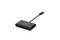 Čierny USB hub so štyrmi USB portami a krátkym prepojovacím káblom.