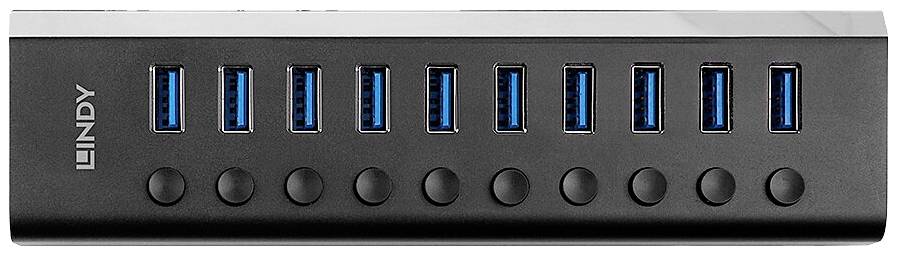 Externý USB hub s desiatimi USB portami a desiatimi zapínacími/vypínacími tlačidlami na prednej strane.