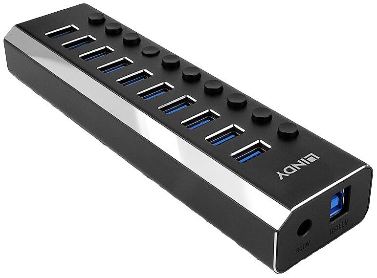 Čierny USB hub s desiatimi USB portami a vypínačom pre každý port. Ideálny na rozšírenie USB pripojení.