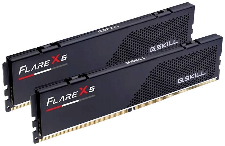 Dva moduly pamäte G.Skill Flare X5 s čiernym dizajnom a výrazným logom, vhodné pre výkonné počítačové aplikácie.