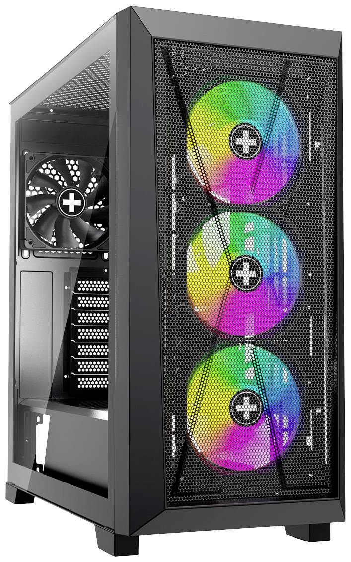 Počítačová veža so sklenenou prednou stranou, tri svietiace ventilátory s RGB podsvietením vpredu. Čierny rám, vetracie štrbiny po stranách.