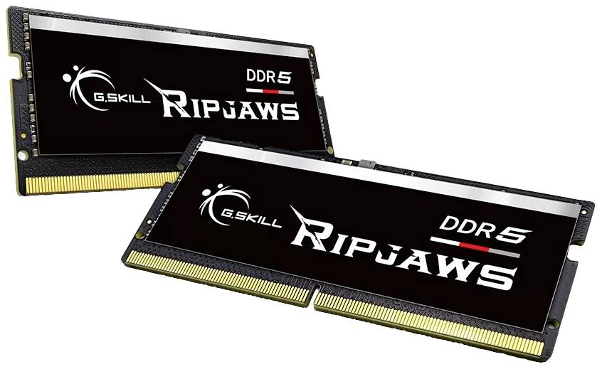 Dva RAM moduly od G.SKILL s nápisom 'RIPJAWS DDR5', každý s čiernymi chladičmi a viditeľnými kontaktnými lištami.