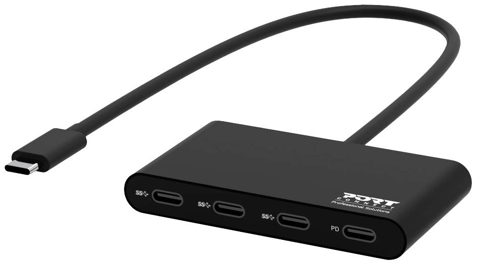 Čierny USB-C hub so štyrmi USB-C portami, vhodný na prenos dát a napájanie.