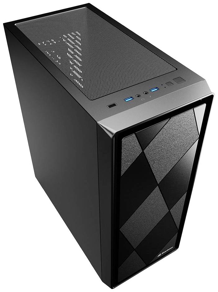 Čierna počítačová skrinka s mriežkovaným horným krytom, predný panel s konektormi a geometrickým dizajnom. Vhodná pre zostavenie počítača.