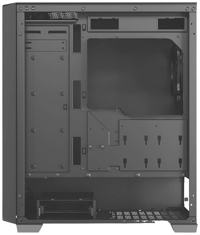 Otvorená PC skrinka odhaľuje vnútorný priestor s držiakmi pre základnú dosku, mechaniky a ventilátory, pripravená na inštaláciu počítačových komponentov.