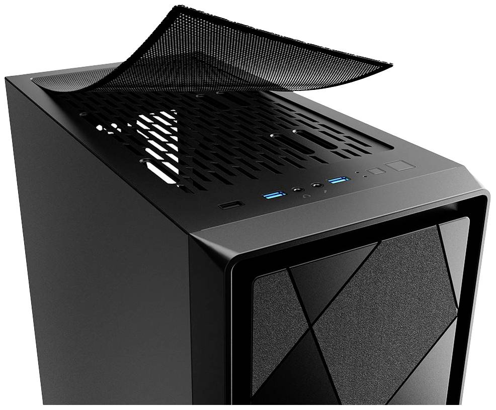 Čierna PC skrinka s odnímateľným mriežkovým krytom na vrchu a dvoma USB portami na prednej strane.