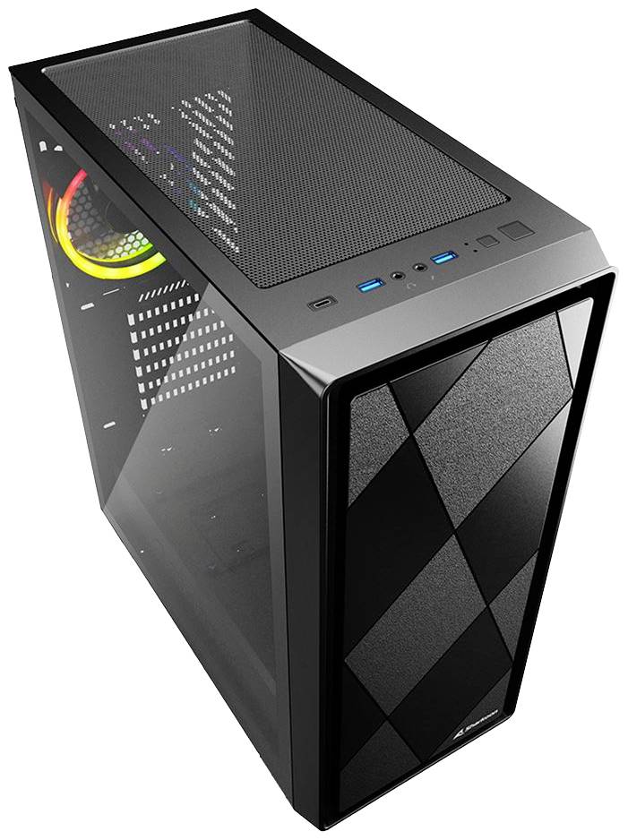 Čierna počítačová skrinka s predným krytom z kovovej mriežky, dva USB porty na vrchu. Po stranách podsvietený ventilátor.