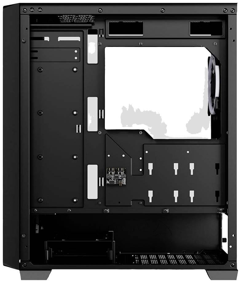 PC skrinka s otvoreným vnútorným priestorom, viditeľné sú montážne lišty pre mechaniky a miesto pre základnú dosku. Potrebné konektory a káblové prestupy sú k dispozícii.