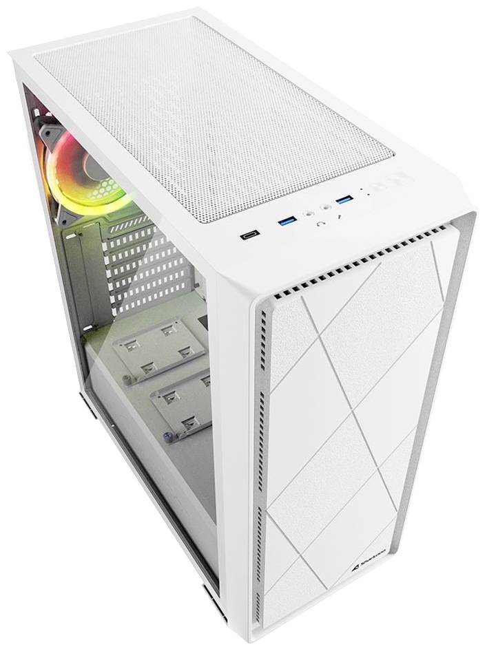 Pohľad z vysokého uhla na biele počítačové púzdro s priesvitným bočným panelom a vnútorným RGB podsvietením ventilátora.