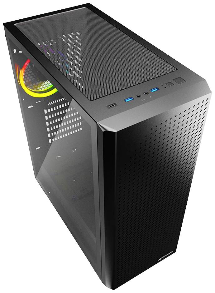 Čierna počítačová skrinka s mriežkovaným horným krytom a RGB podsvietením ventilátora. Na prednej strane sú USB porty a tlačidlo napájania.
