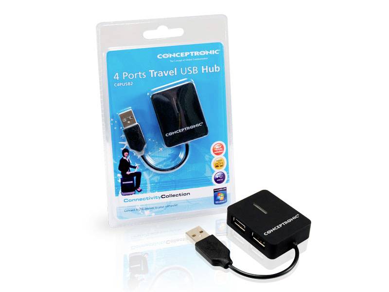 4-portový cestovný USB hub v čiernom dizajne s balením. Ponúka štyri USB porty a je ideálny na cesty.