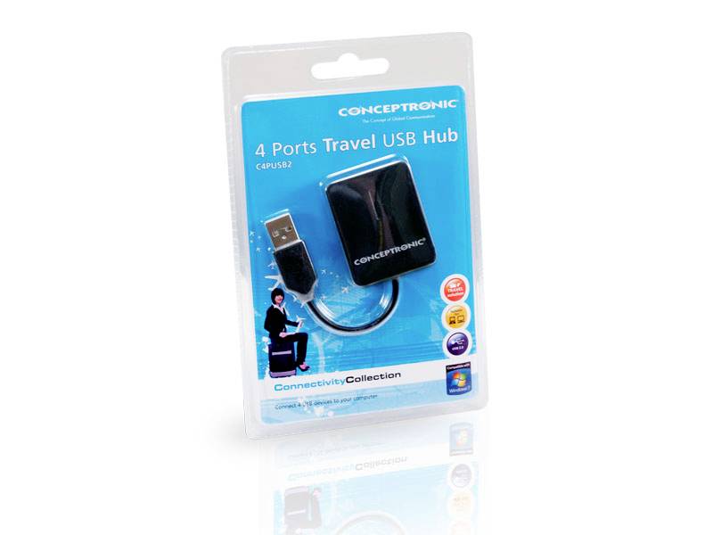 4-portový cestovný USB hub od Conceptronicu v blistrovom balení. Obsahuje USB kábel a je súčasťou kolekcie Connectivity.
