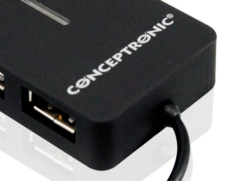 Čierny USB rozbočovač od Conceptronicu s dvoma USB portami a pripojeným káblom, s názvom značky viditeľným na hornej strane.