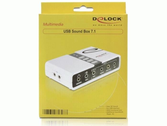 Obal 'USB Zvuková Karta 7.1' s vyobrazením produktu. Obsahuje viacero audio konektorov a je vhodná pre multimedálne aplikácie.