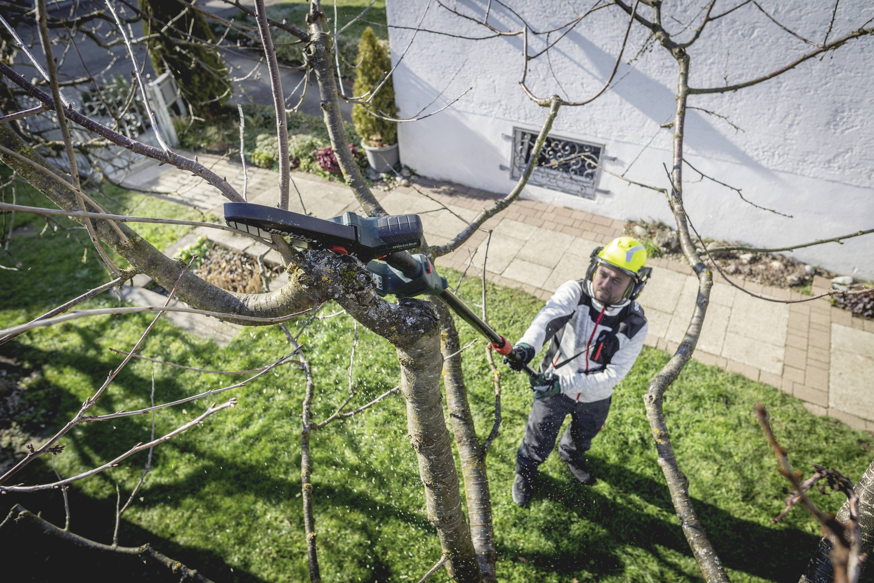 Muž strihá konáre stromu záhradnými nožnicami v záhrade. Má na sebe ochranný odev a prilbu.
