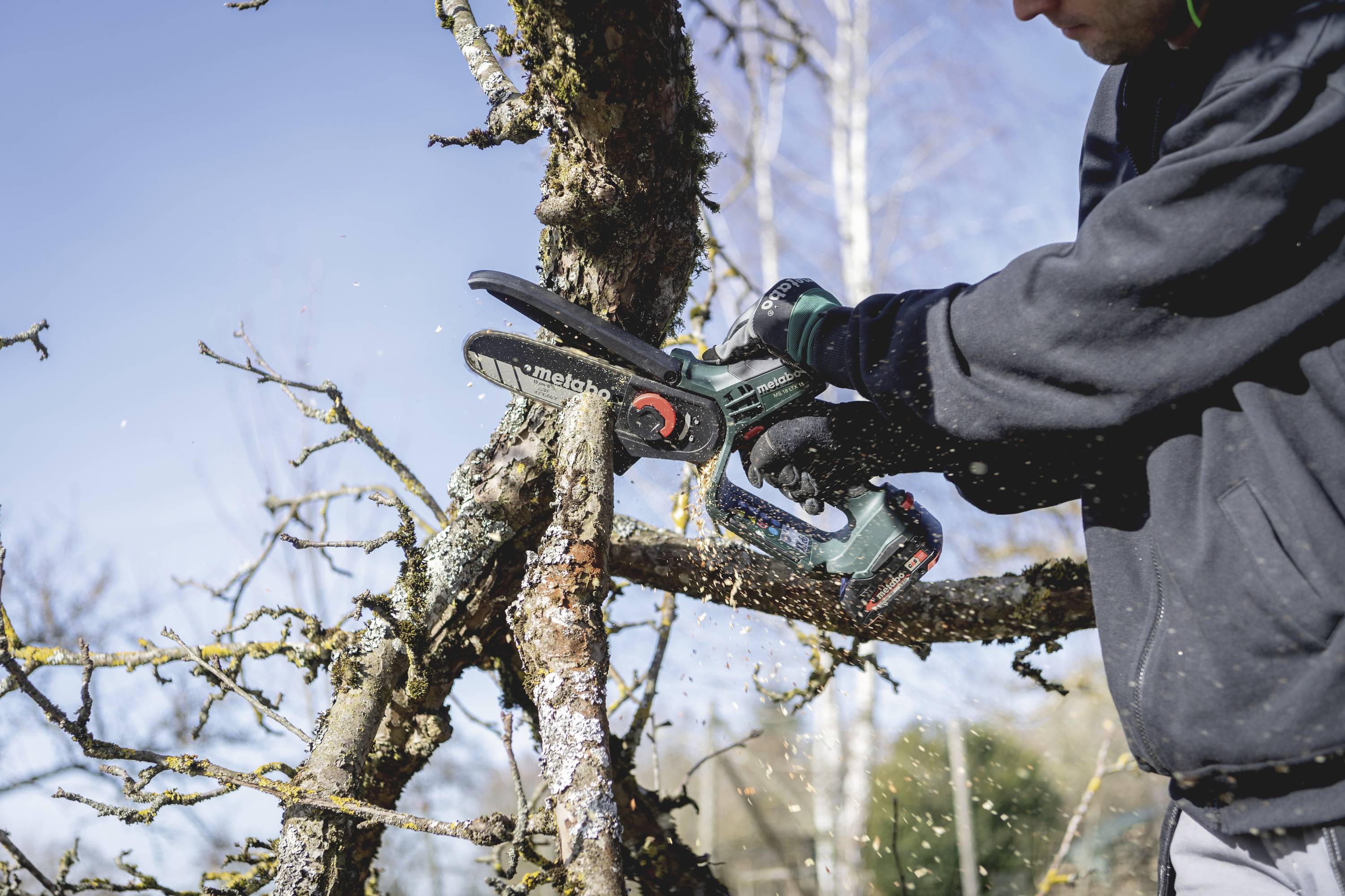 Osoba používa motorovú pílu na orezávanie konárov stromu vonku. Jasná obloha a ďalší strom sú v pozadí.
