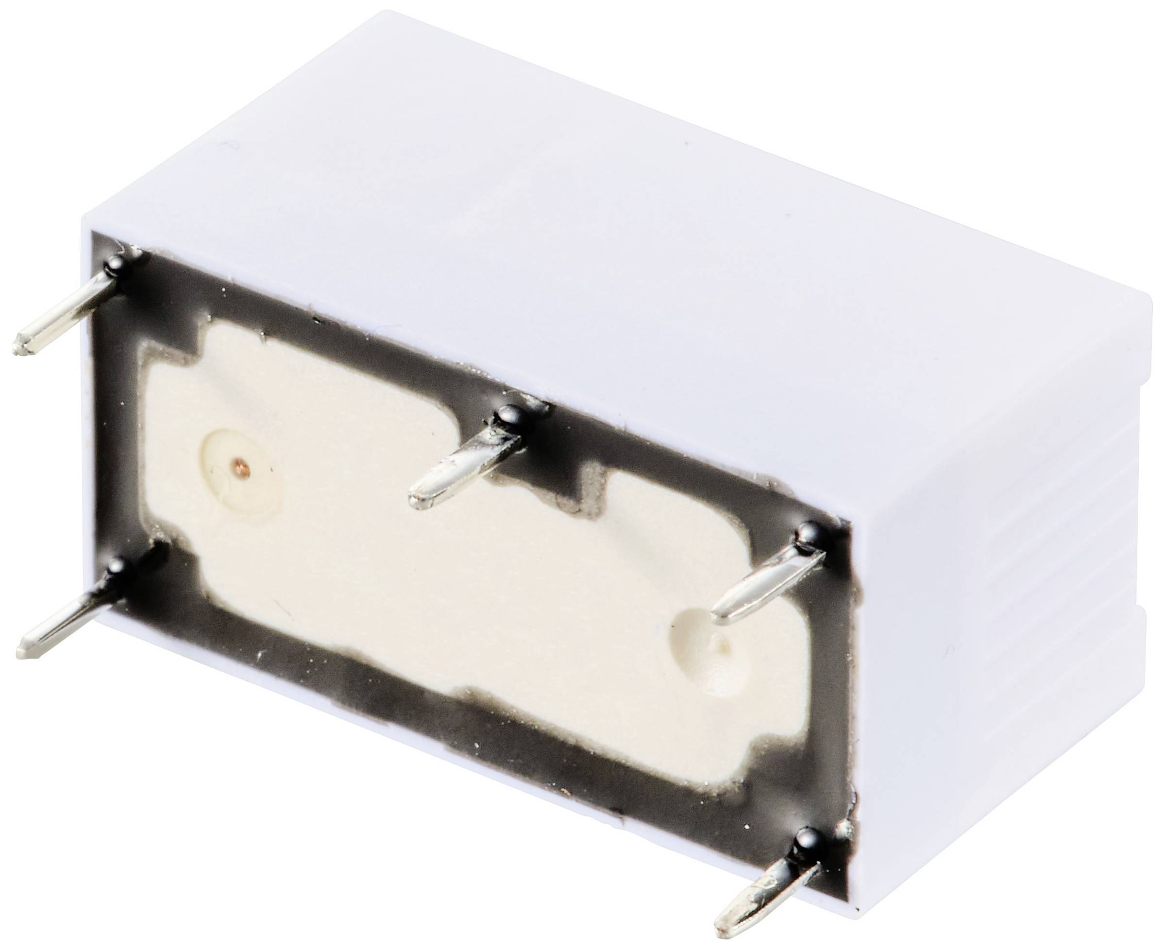 Biely, obdĺžnikový elektronický komponent so štyrmi vyčnievajúcimi kovovými kontaktmi na stranách.