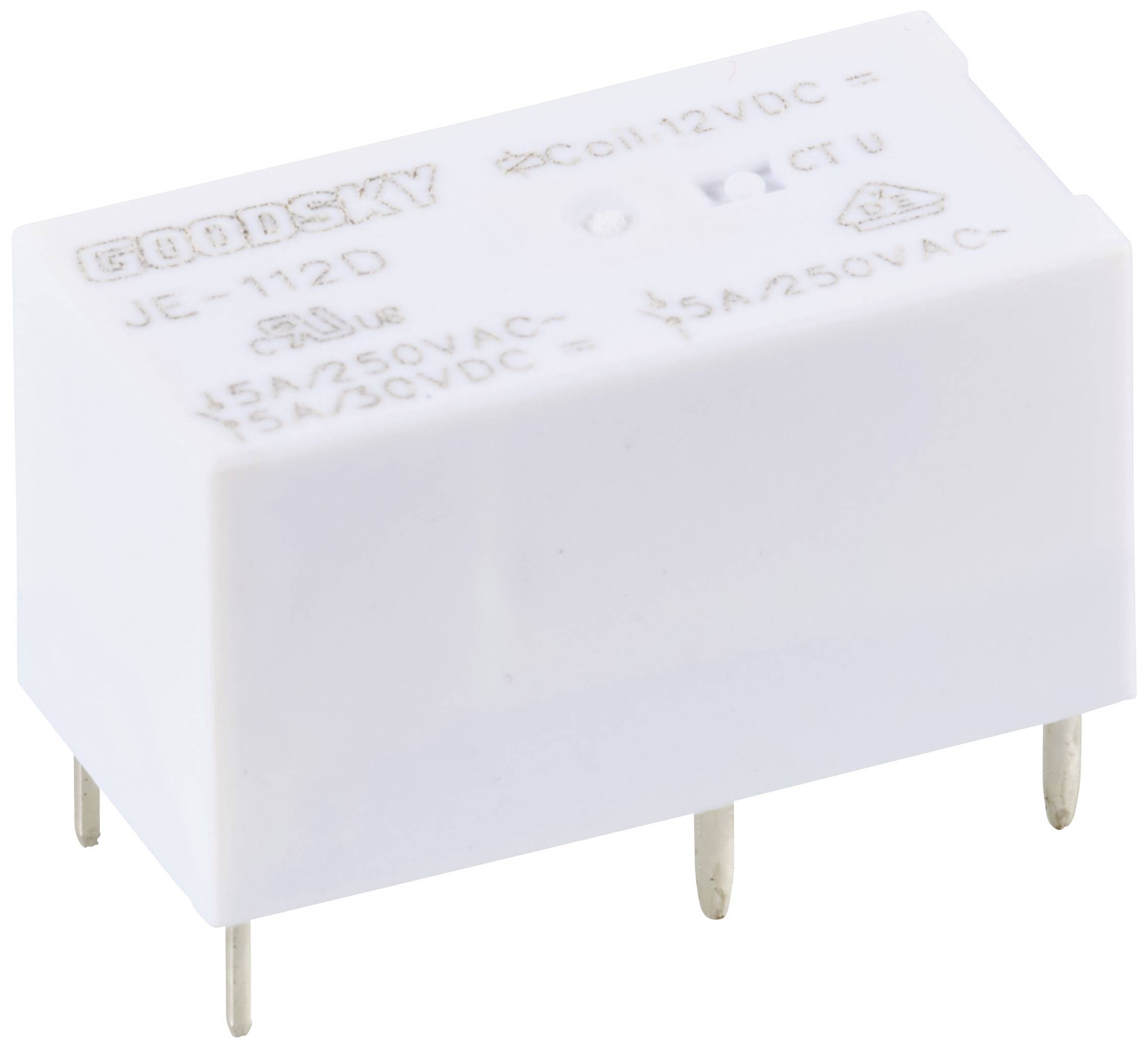 Biele relé Weiśes Relais GE-112D s nápismi: 5A/250VAC, 5A/30VDC a Cievka: 12VDC. Pravouhlé, kovové pripojovacie kolíky.
