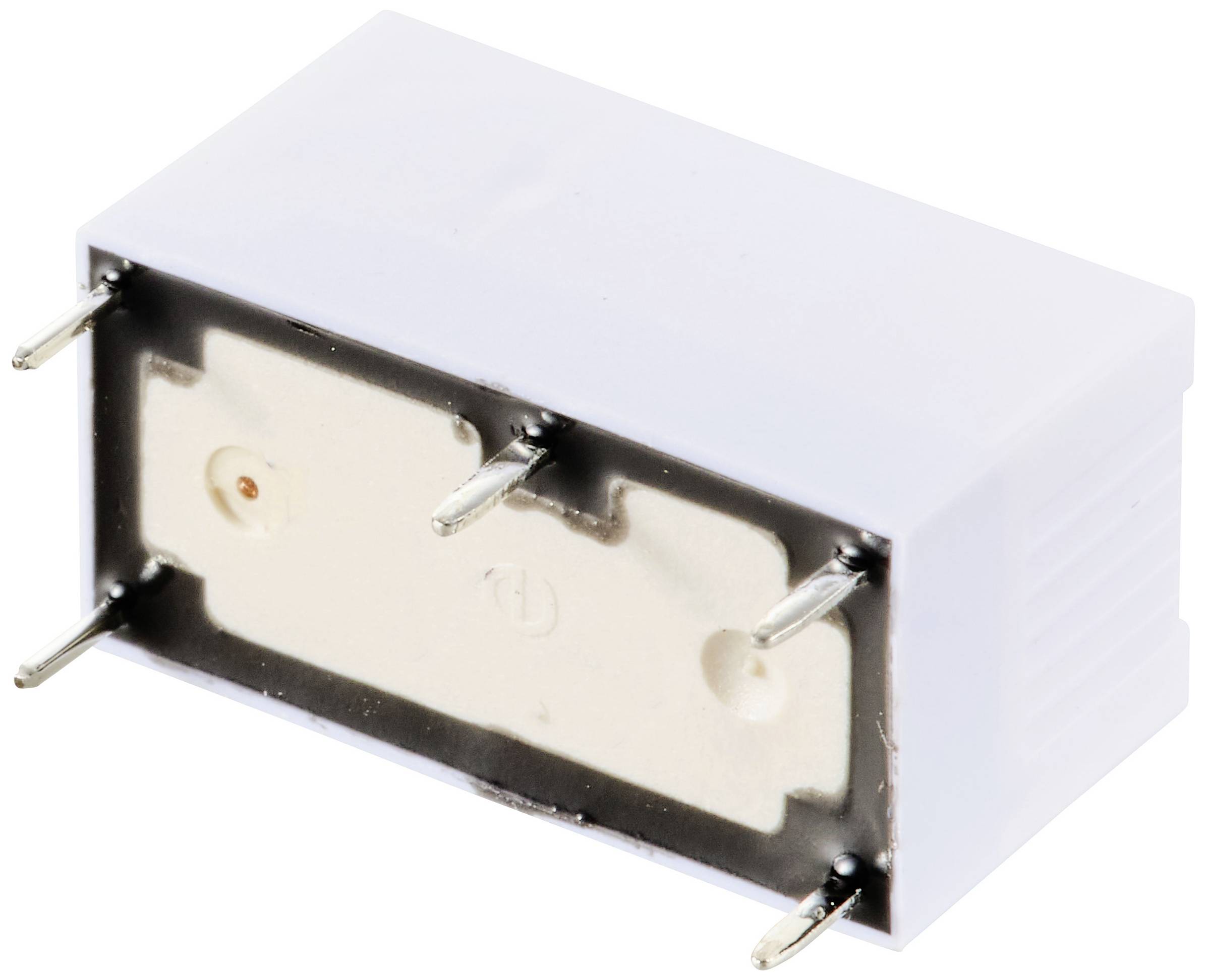 Elektrické relé so štyrmi kovovými kolíkmi na pripojenie, obdĺžnikového tvaru. Vhodné pre spínacie obvody a elektronické aplikácie.