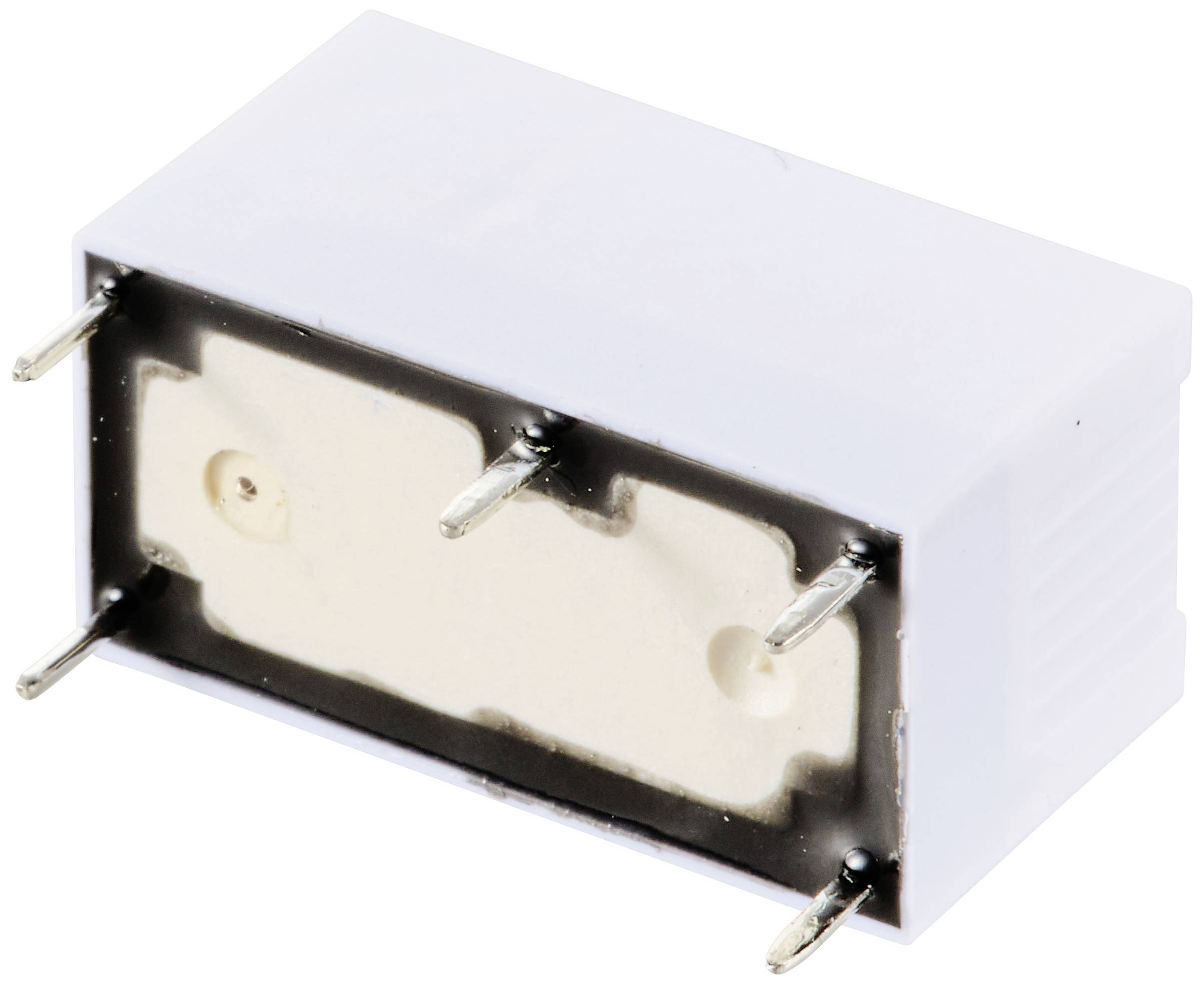 Biela obdĺžniková elektronická súčiastka so štyrmi kovovými kolíkmi na elektrické prepojenie.