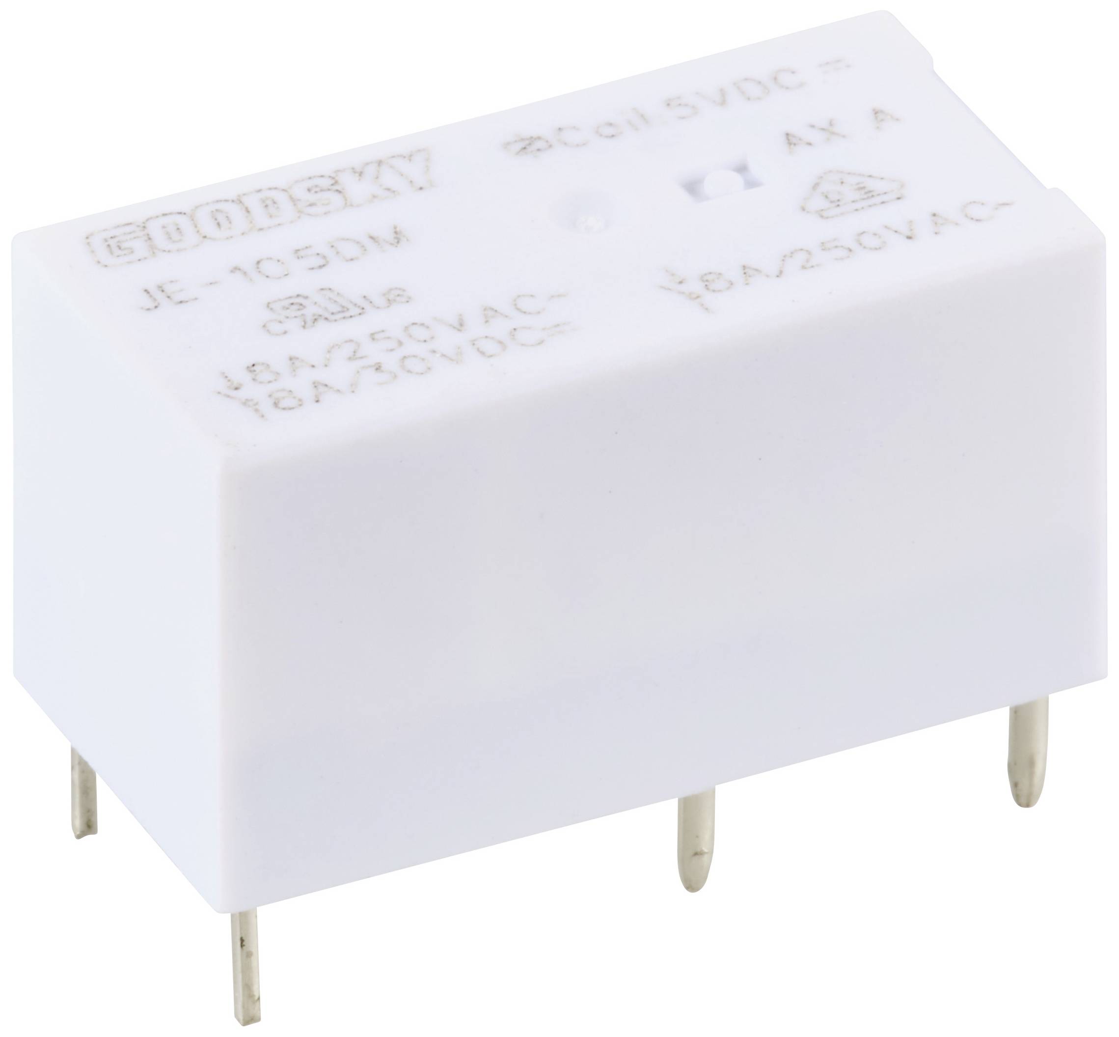 Elektrické relé 'GOODSKY JE-105DM', zobrazené v bielej farbe s kovovými pinmi. Nápis uvádza špecifikácie: 5VDC, 10A/250VAC, 10A/30VDC.