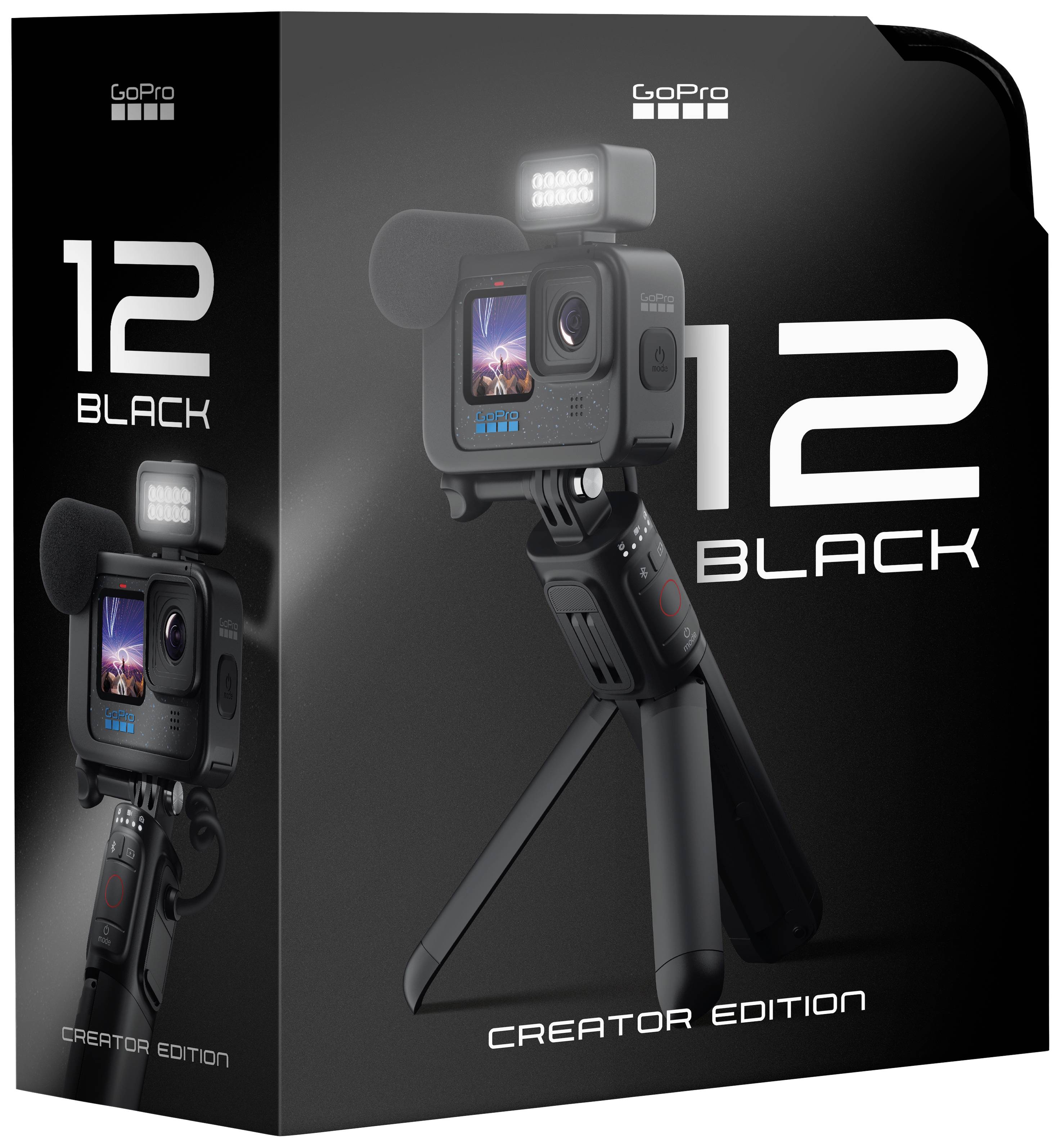 Balenie pre GoPro kameru, model '12 Black Creator Edition'. Zobrazuje kameru s príslušenstvom a displejom.